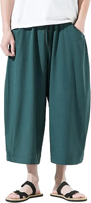 Men's Long Linen Harem Shorts 3/4 Summer Drawstring Beach Capri Pants Casual Loose Cotton Yoga Pants with Pockets