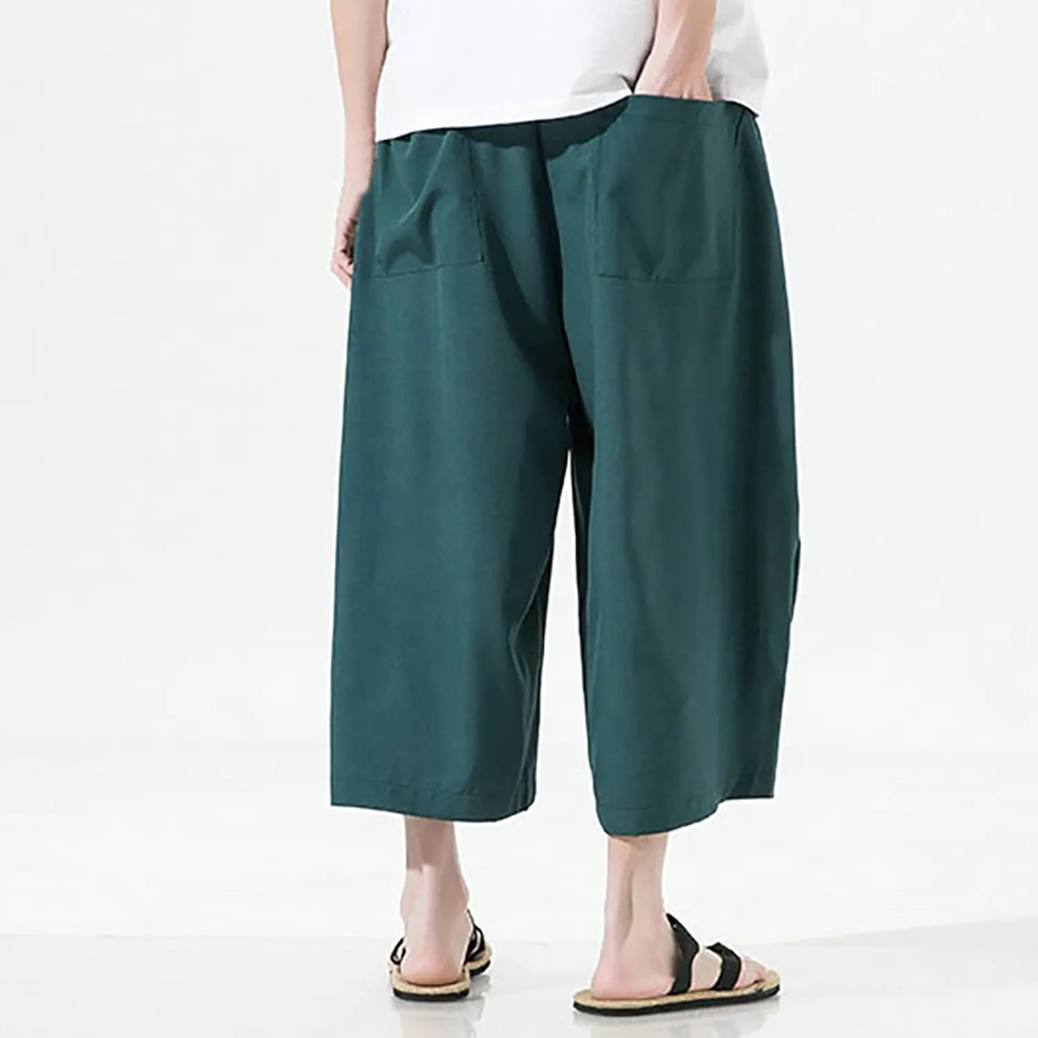 Men's Long Linen Harem Shorts 3/4 Summer Drawstring Beach Capri Pants Casual Loose Cotton Yoga Pants with Pockets
