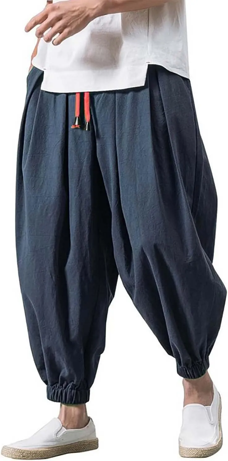 Mens Parachute Pants Baggy Linen Pants Drop Crotch Harem Pants Drawstring Joggers Trousers Hippie Pants Pirate Pants