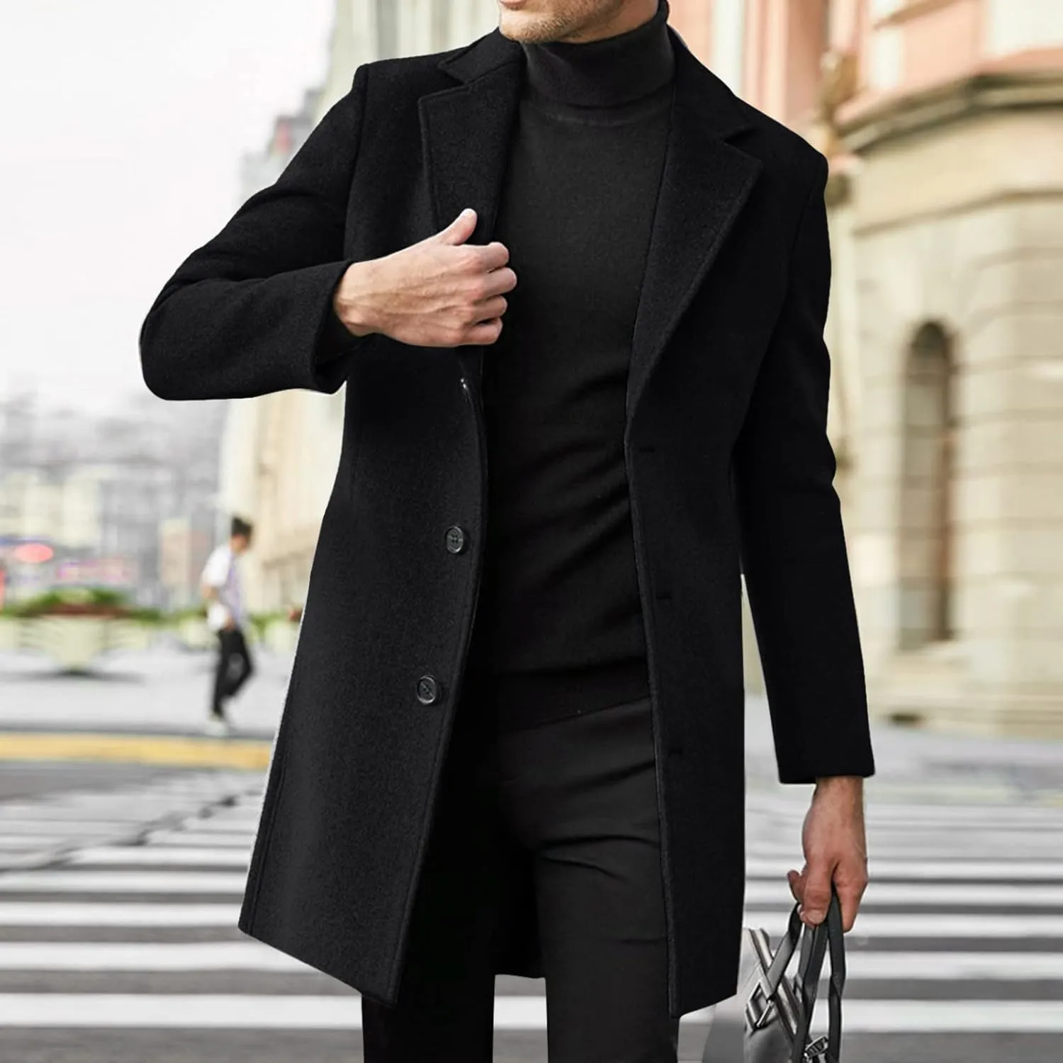 Mens Regular Fit Notched Lapel Trench Coats Big and Tall Single Breasted Pea Coats Warm Windproof Business Overcoats