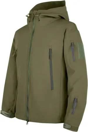 Men's Soft Shell Jacket Zip Up Fleece Lined Windbreaker Solid Color Long Sleeve Hooded Hiking Coat with Pockets