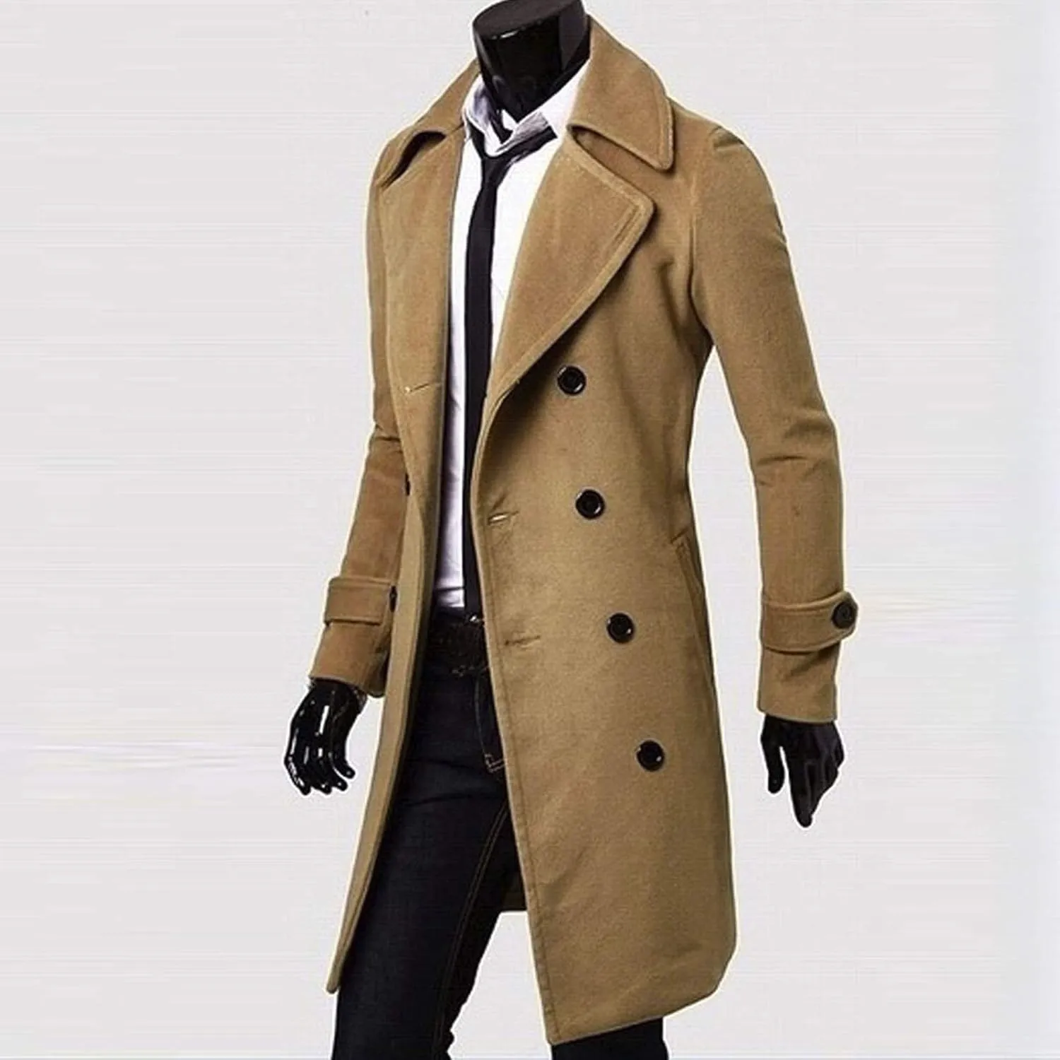 Men's Wool Blend Coat Notched Lapel Collar Single Double Breasted Trench Overcoat Warm Winter Pea Coat