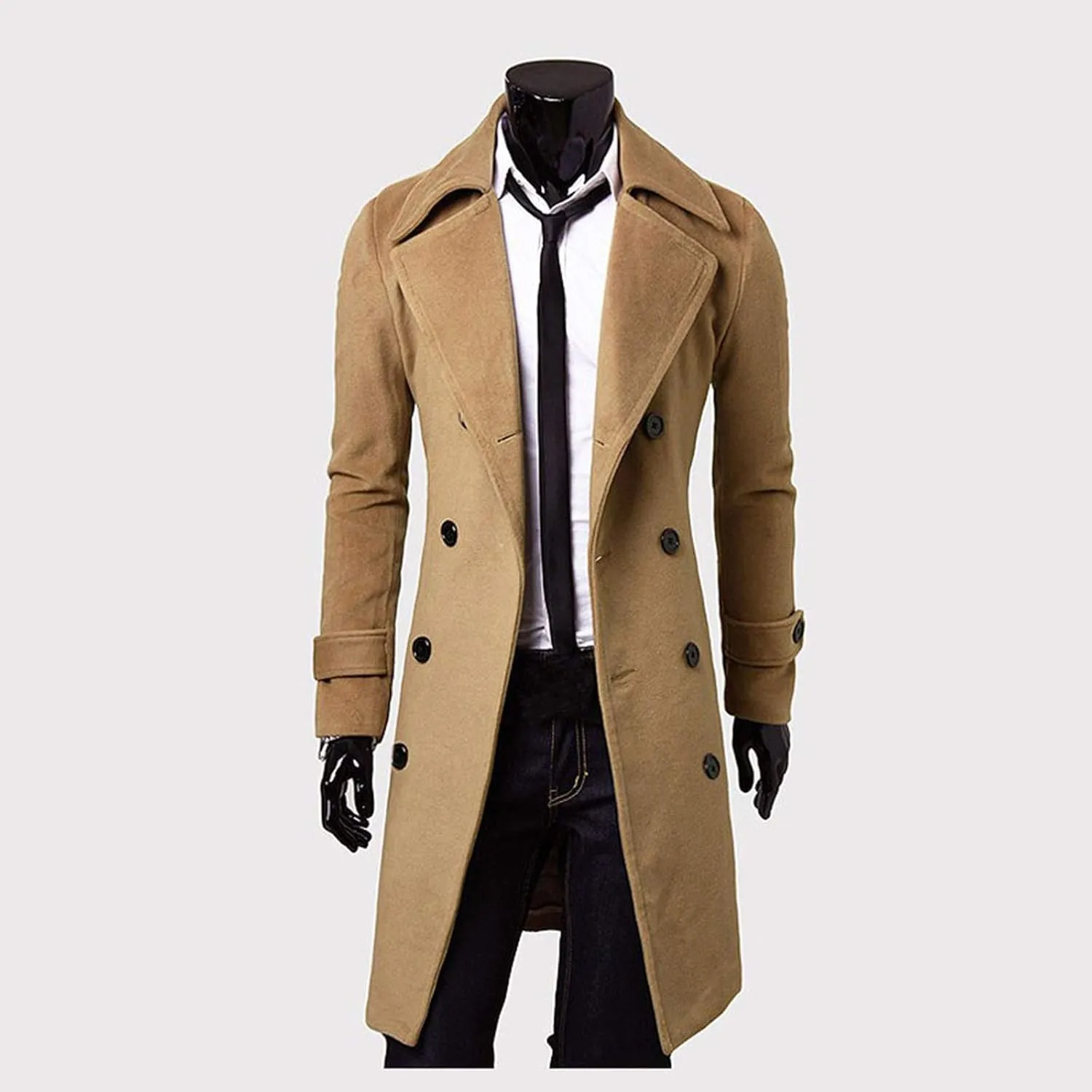 Men's Wool Blend Coat Notched Lapel Collar Single Double Breasted Trench Overcoat Warm Winter Pea Coat