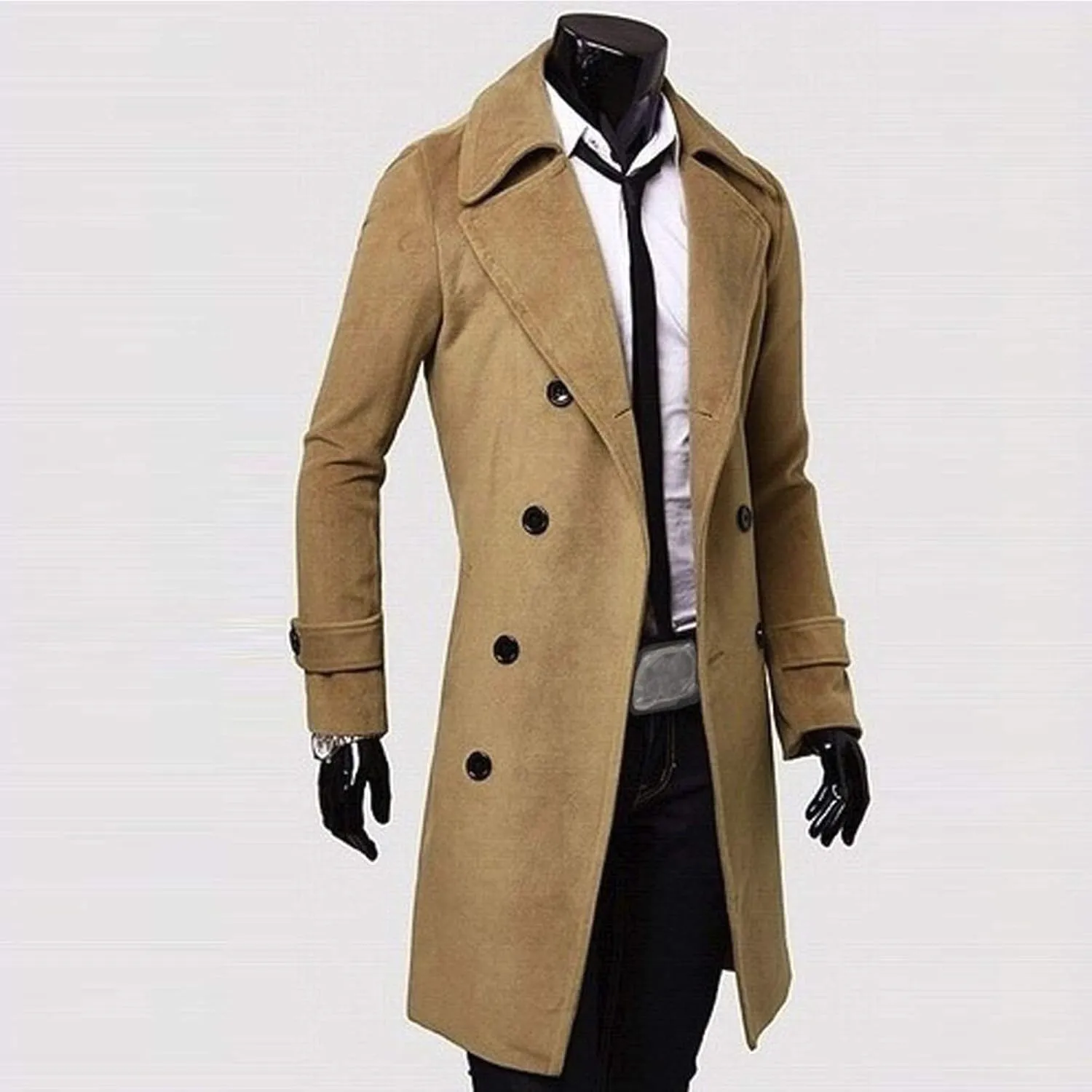 Men's Wool Blend Coat Notched Lapel Collar Single Double Breasted Trench Overcoat Warm Winter Pea Coat
