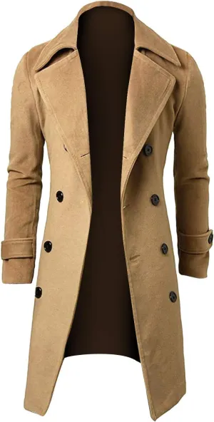Men's Wool Blend Coat Notched Lapel Collar Single Double Breasted Trench Overcoat Warm Winter Pea Coat