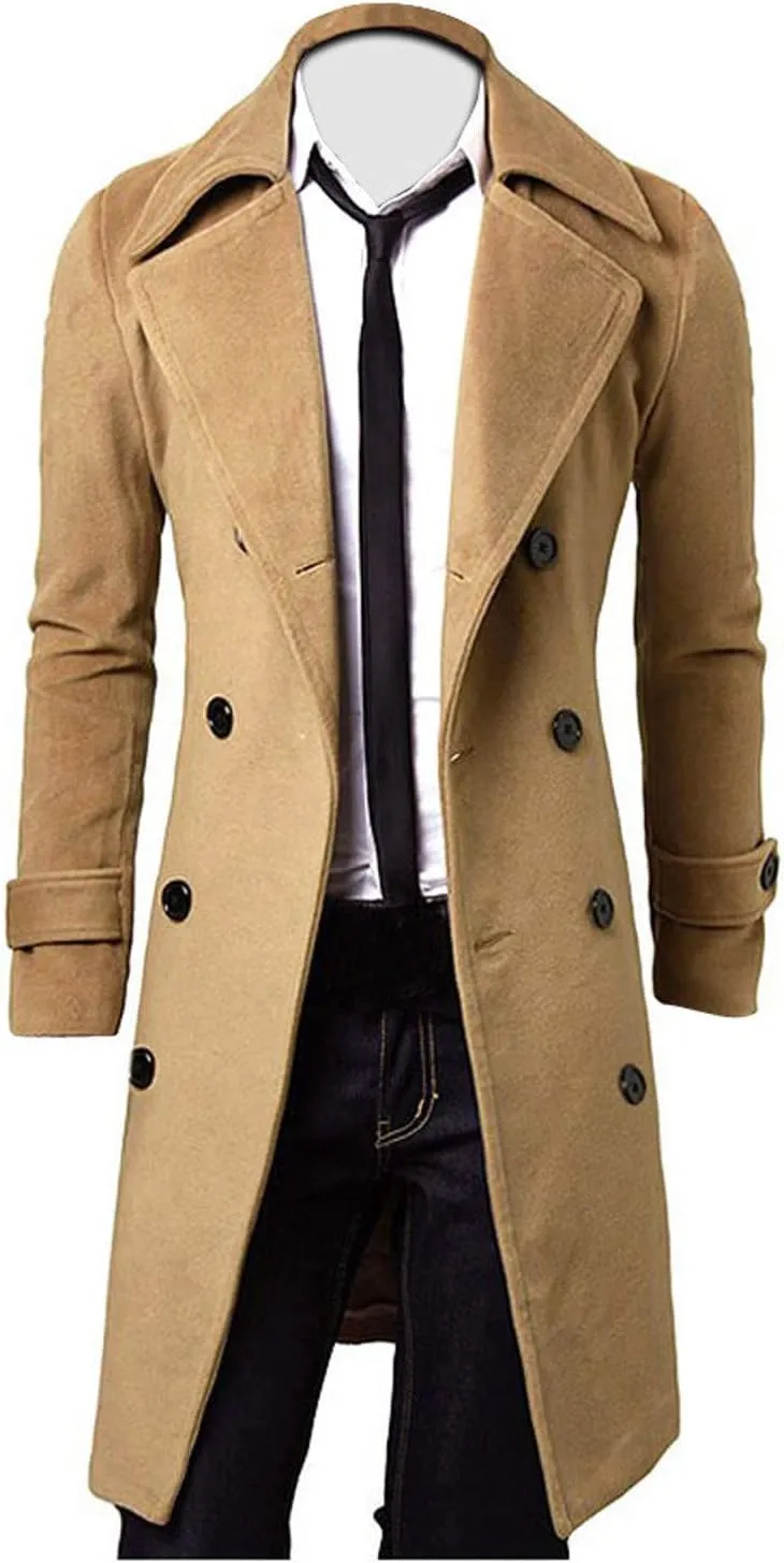 Men's Wool Blend Coat Notched Lapel Collar Single Double Breasted Trench Overcoat Warm Winter Pea Coat