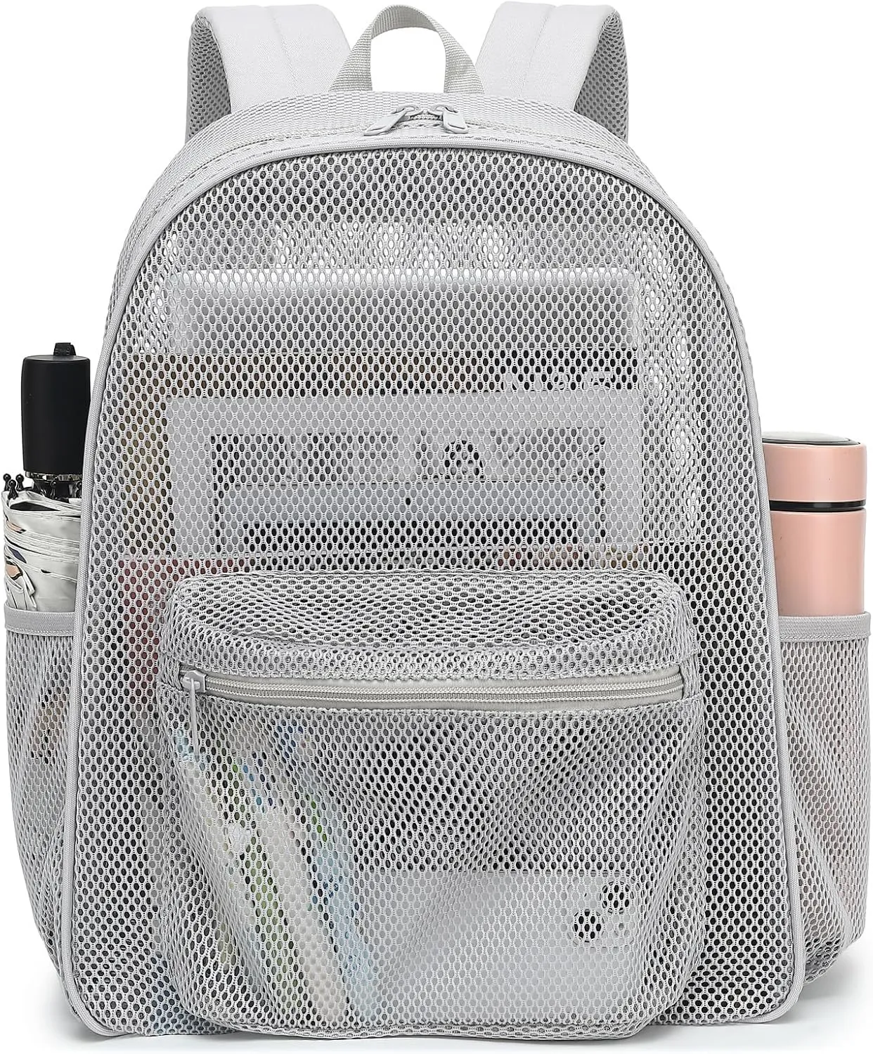 Mesh Backpack for School, Girls Boys See Through College Backpacks Heavy Duty Semi-Transparent Women Wen Bookbag for Swimming Travel Beach Hiking (Light Grey)