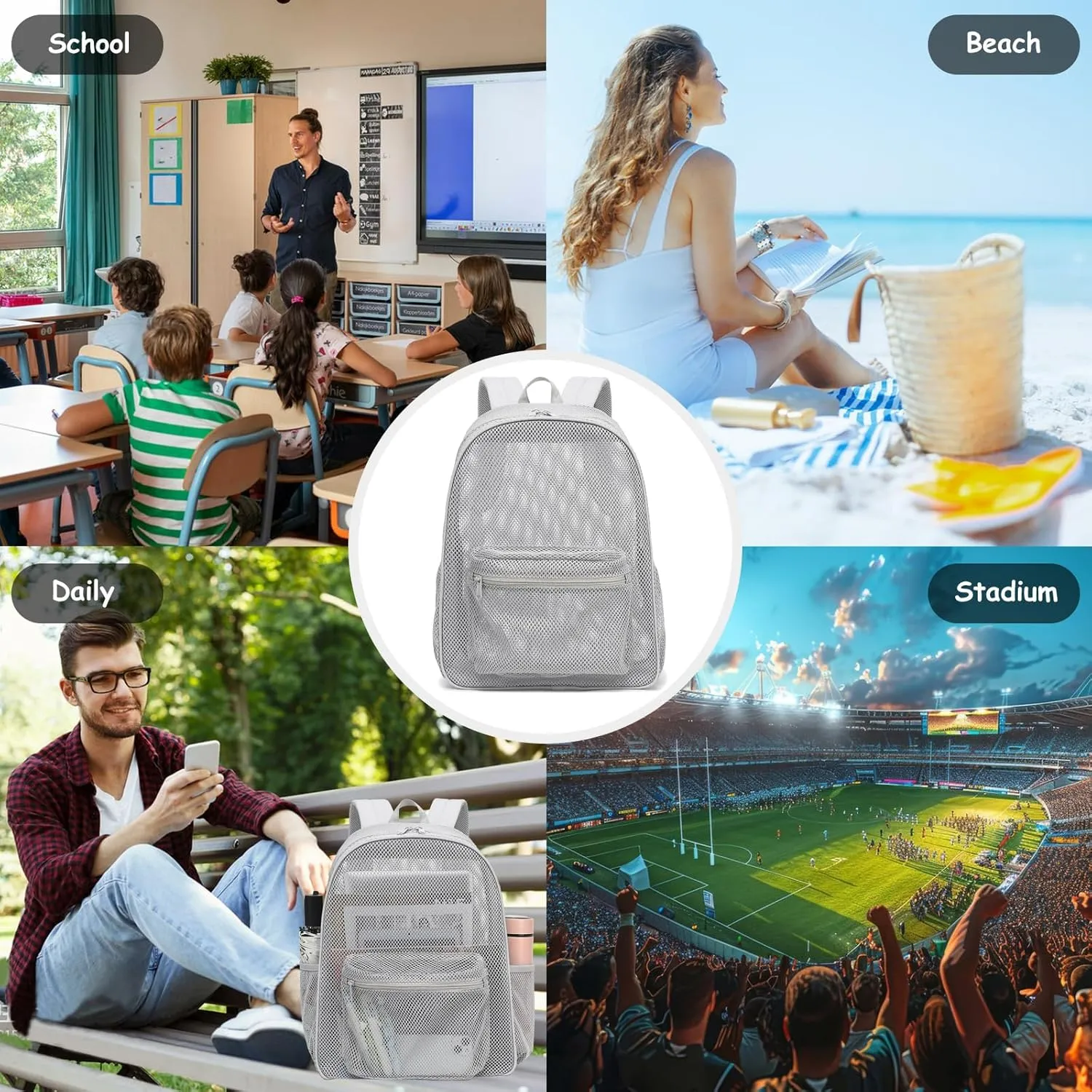 Mesh Backpack for School, Girls Boys See Through College Backpacks Heavy Duty Semi-Transparent Women Wen Bookbag for Swimming Travel Beach Hiking (Light Grey)