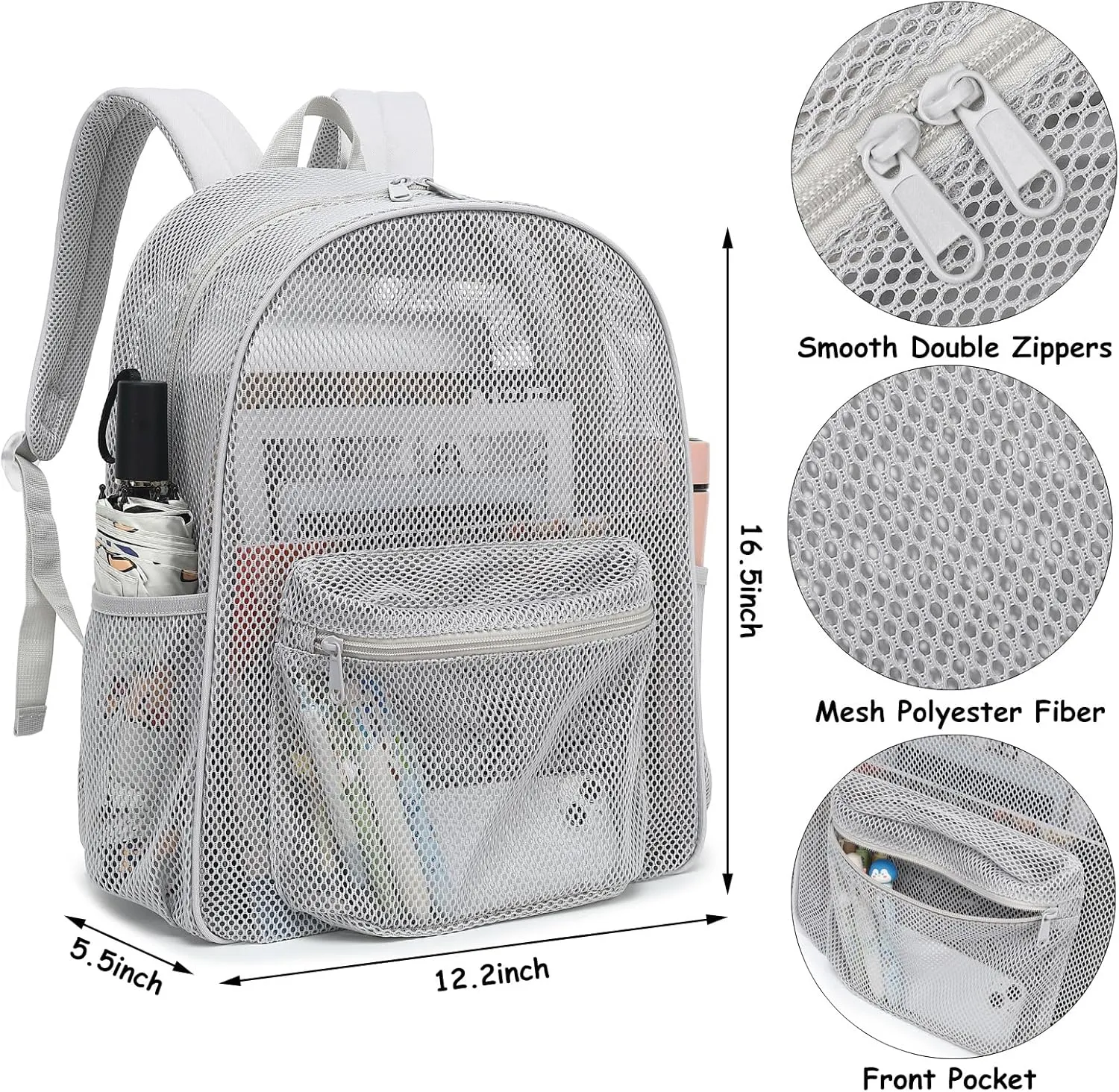 Mesh Backpack for School, Girls Boys See Through College Backpacks Heavy Duty Semi-Transparent Women Wen Bookbag for Swimming Travel Beach Hiking (Light Grey)