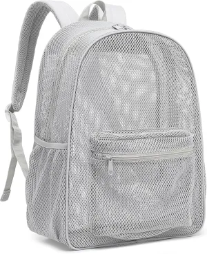 Mesh Backpack for School, Girls Boys See Through College Backpacks Heavy Duty Semi-Transparent Women Wen Bookbag for Swimming Travel Beach Hiking (Light Grey)