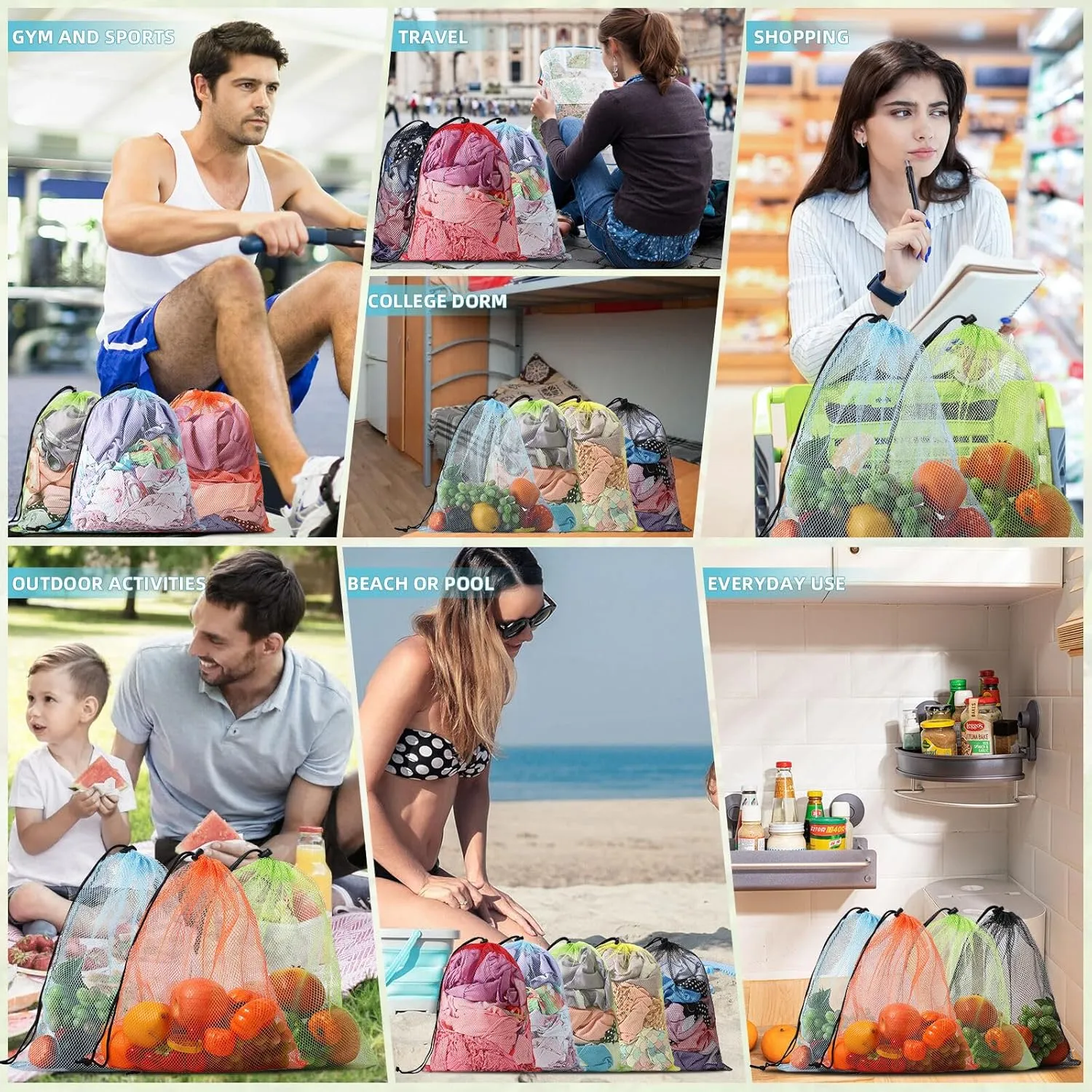 Mesh Drawstring Bag 40Pcs - Multicolor Nylon Laundry Bag for College, Gym, Yoga, Sport, Travel, Beach - Small With Locking Closure