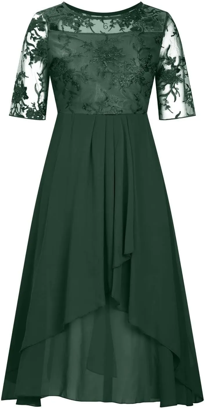 Mother of The Bride Dresses for Women Bohemian Embroidered Lace Crewneck Half Sleeve Chiffon Midi Dress Classy 80S Outfit