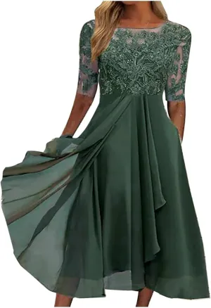 Mother of The Bride Dresses for Women Bohemian Embroidered Lace Crewneck Half Sleeve Chiffon Midi Dress Classy 80S Outfit