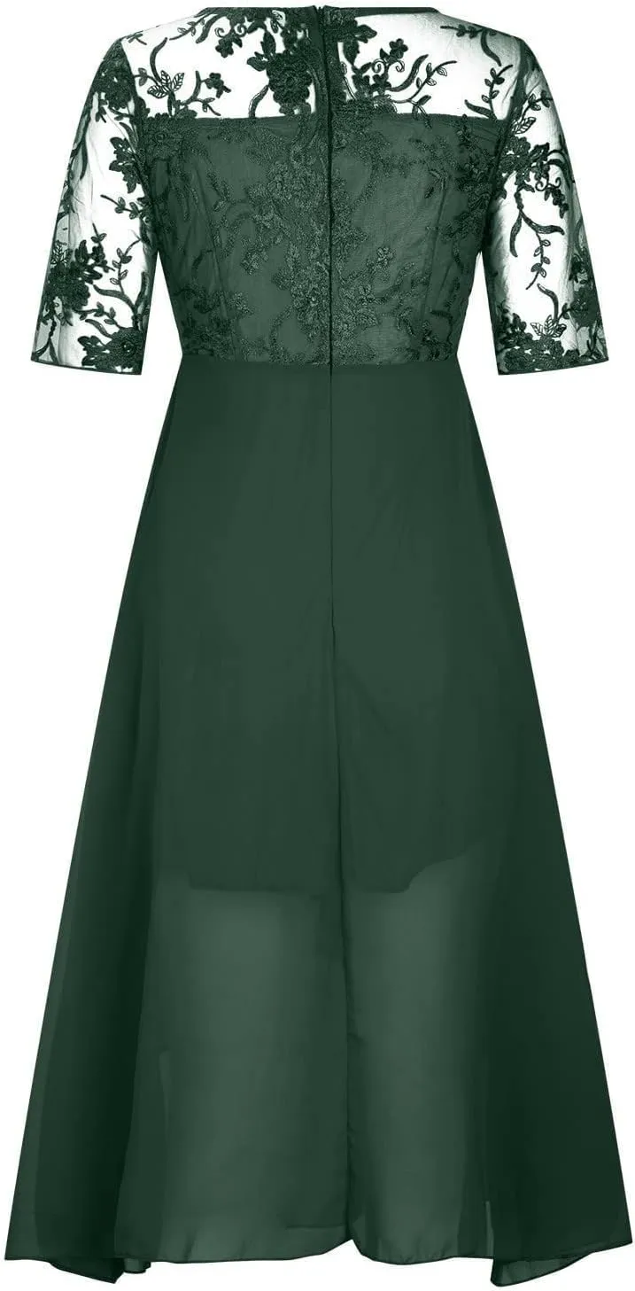 Mother of The Bride Dresses for Women Bohemian Embroidered Lace Crewneck Half Sleeve Chiffon Midi Dress Classy 80S Outfit