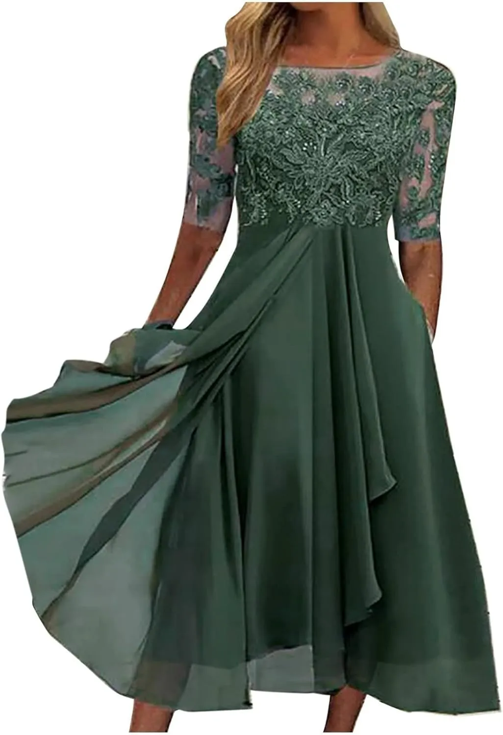 Mother of The Bride Dresses for Women Bohemian Embroidered Lace Crewneck Half Sleeve Chiffon Midi Dress Classy 80S Outfit
