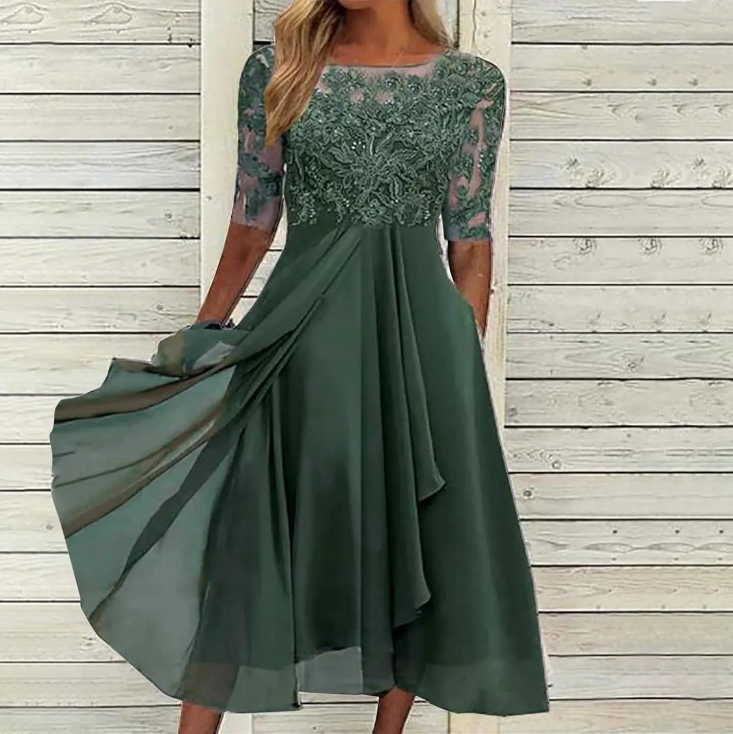 Mother of The Bride Dresses for Women Bohemian Embroidered Lace Crewneck Half Sleeve Chiffon Midi Dress Classy 80S Outfit