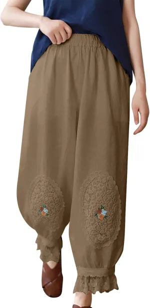 Plus Size Lace Pants Womens Linen Lightweight Pants Track Joggers Pants Baggy Harem Pants Flower Printting Pants