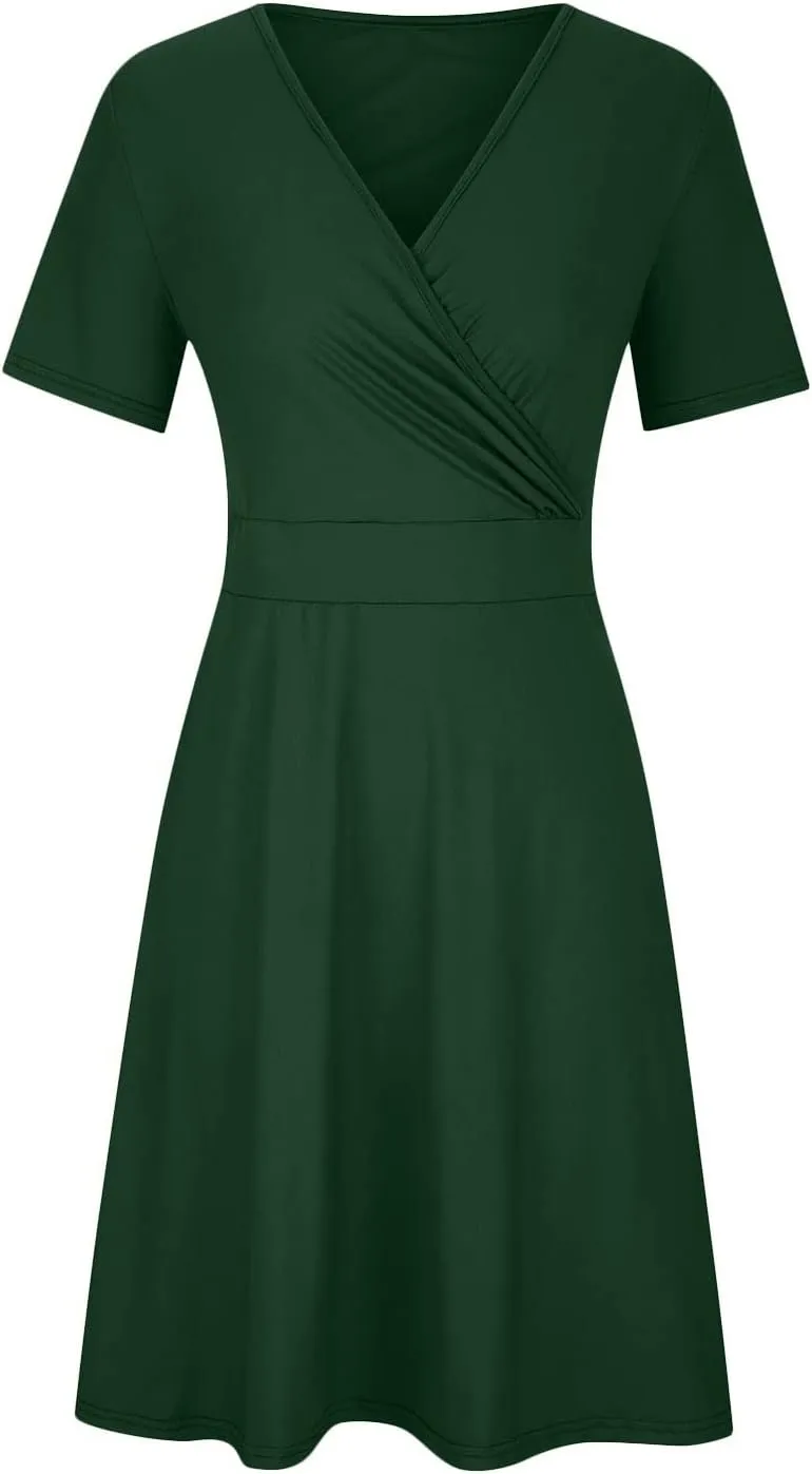 PTOLOCIF Plus Size Dresses for Curvy Women 2024 Summer Short Sleeve Wrap V Neck Midi Dress High Waisted Causal Swing Dress