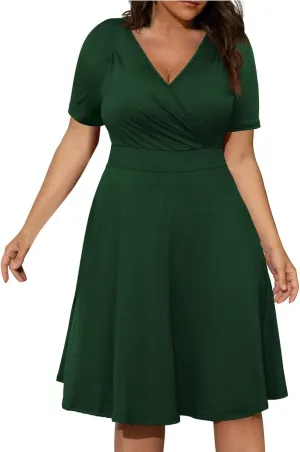 PTOLOCIF Plus Size Dresses for Curvy Women 2024 Summer Short Sleeve Wrap V Neck Midi Dress High Waisted Causal Swing Dress