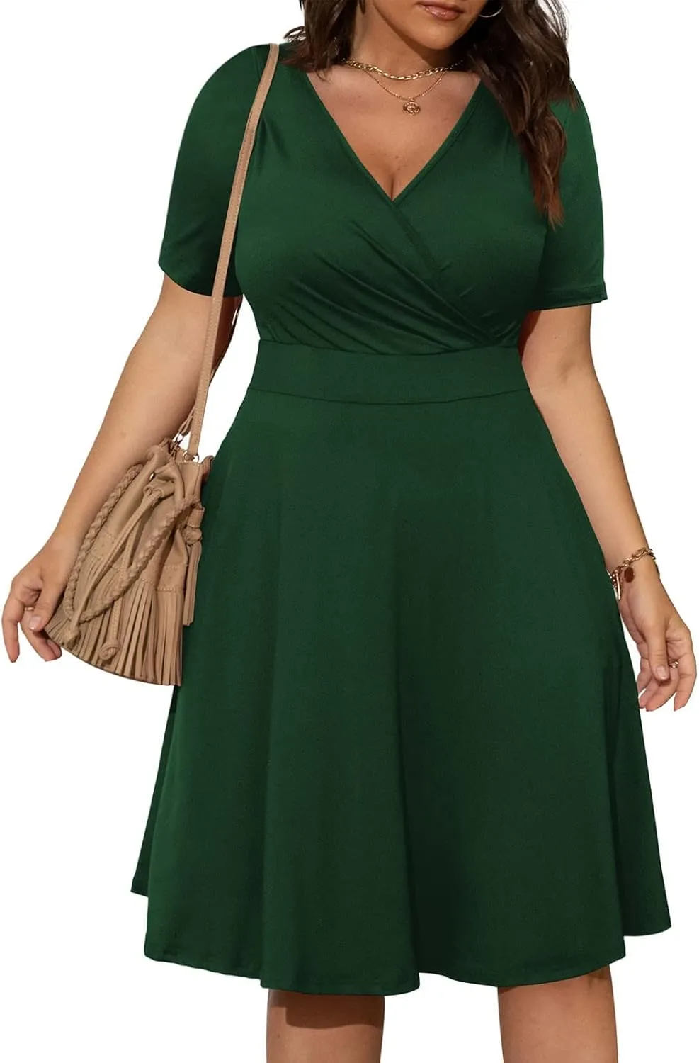 PTOLOCIF Plus Size Dresses for Curvy Women 2024 Summer Short Sleeve Wrap V Neck Midi Dress High Waisted Causal Swing Dress