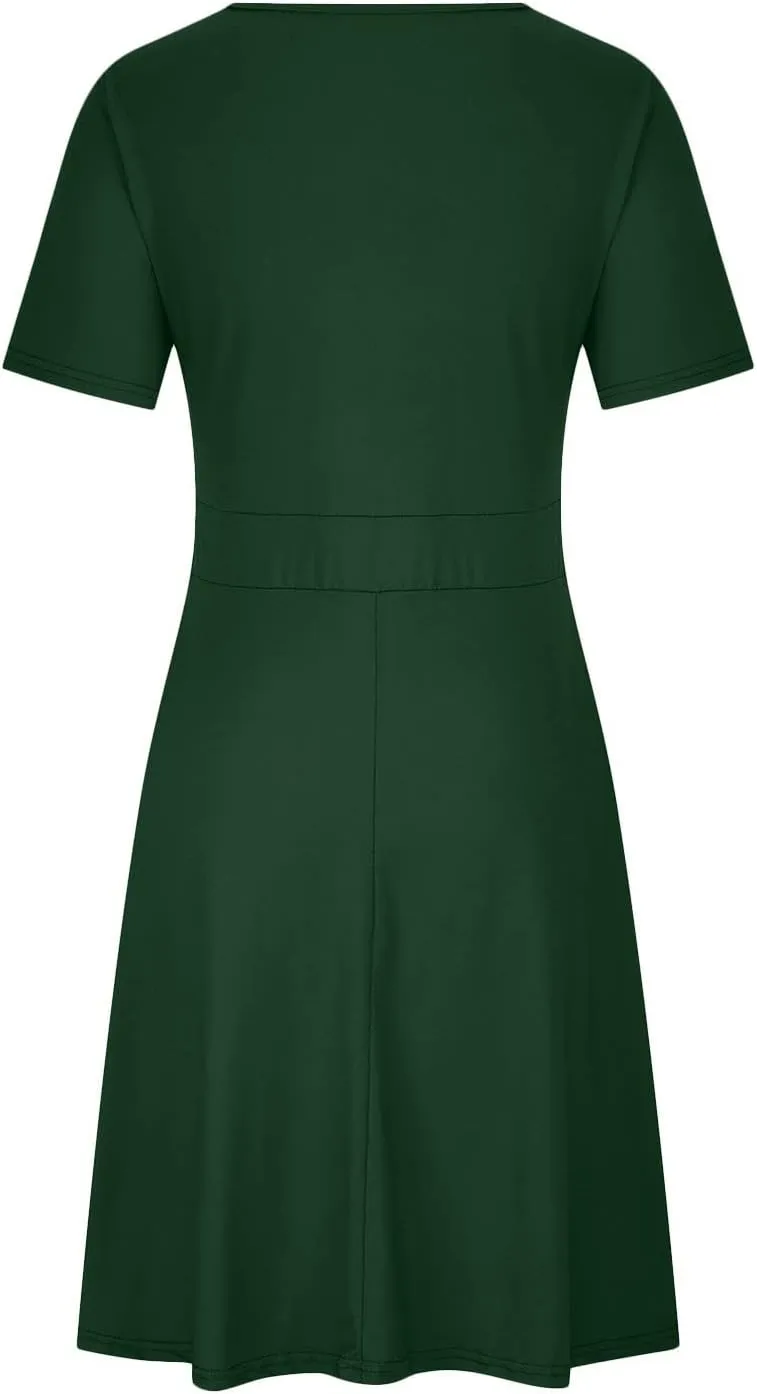 PTOLOCIF Plus Size Dresses for Curvy Women 2024 Summer Short Sleeve Wrap V Neck Midi Dress High Waisted Causal Swing Dress