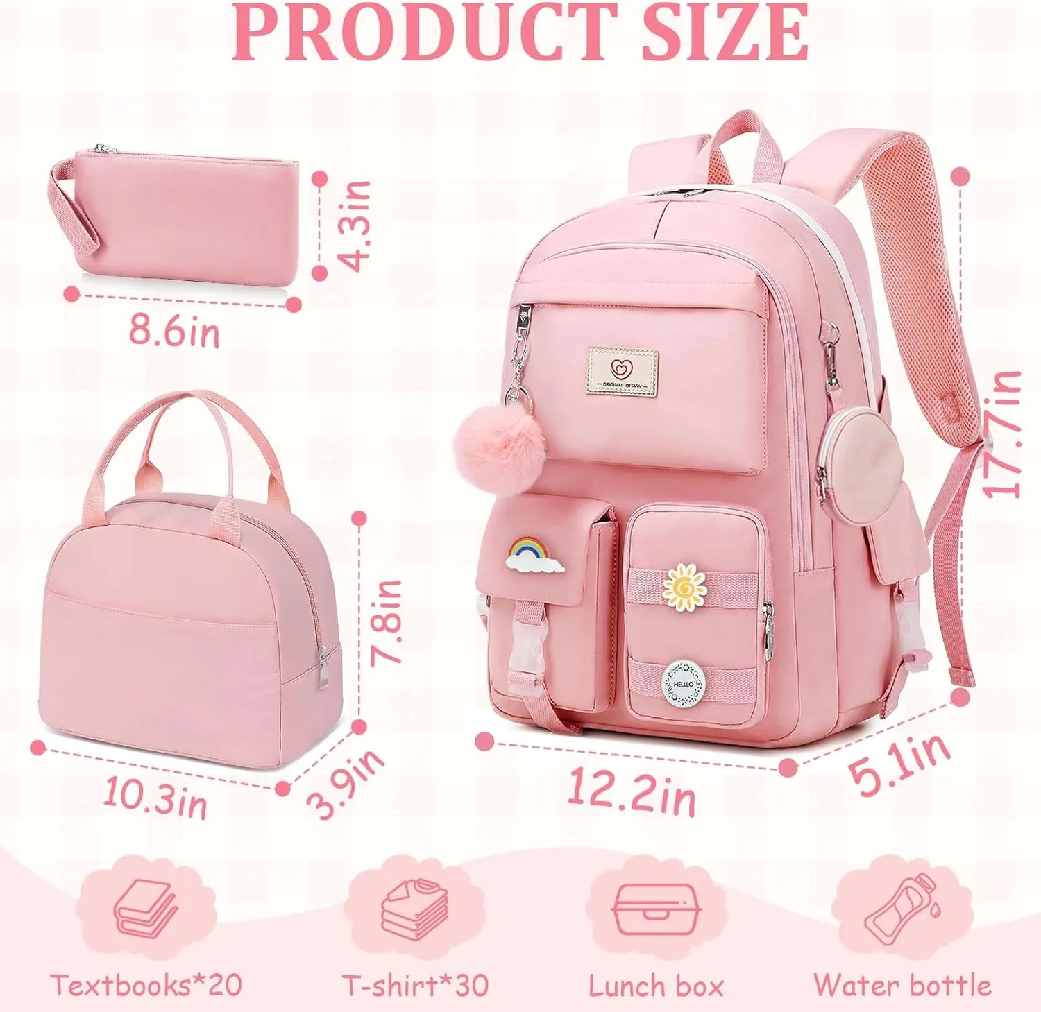 School Backpack For Girls - 6pcs Cute Girls Backpack With Lunch Box Set For Teens Women College Middle High School - 18 School Bookbag Travel Back Pack