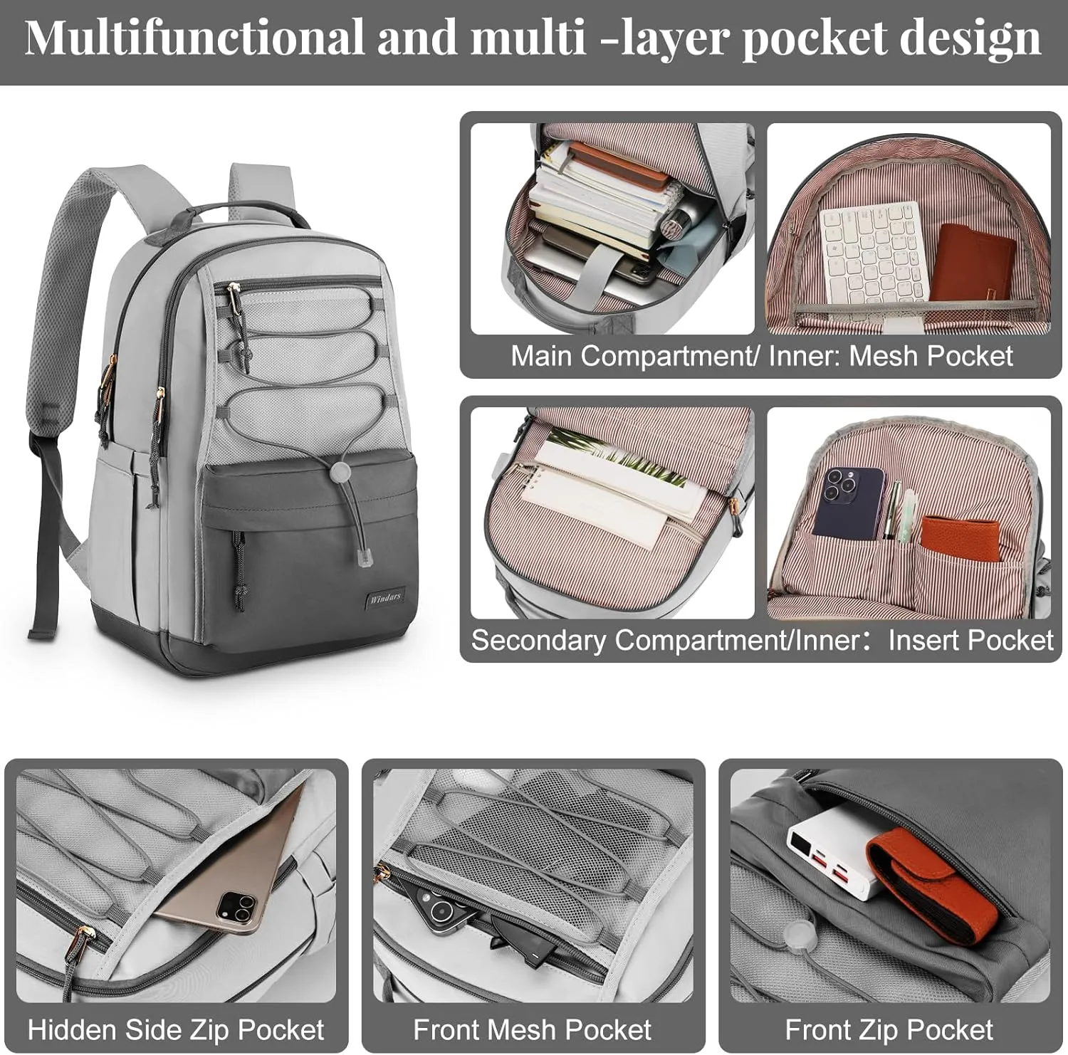 School Backpack for Teens Girls, Aesthetic College Backpack Large Bookbag for Women Students Fashion 15.6 Inch Laptop Bag for Work Travel (Dark Grey & Light Grey)