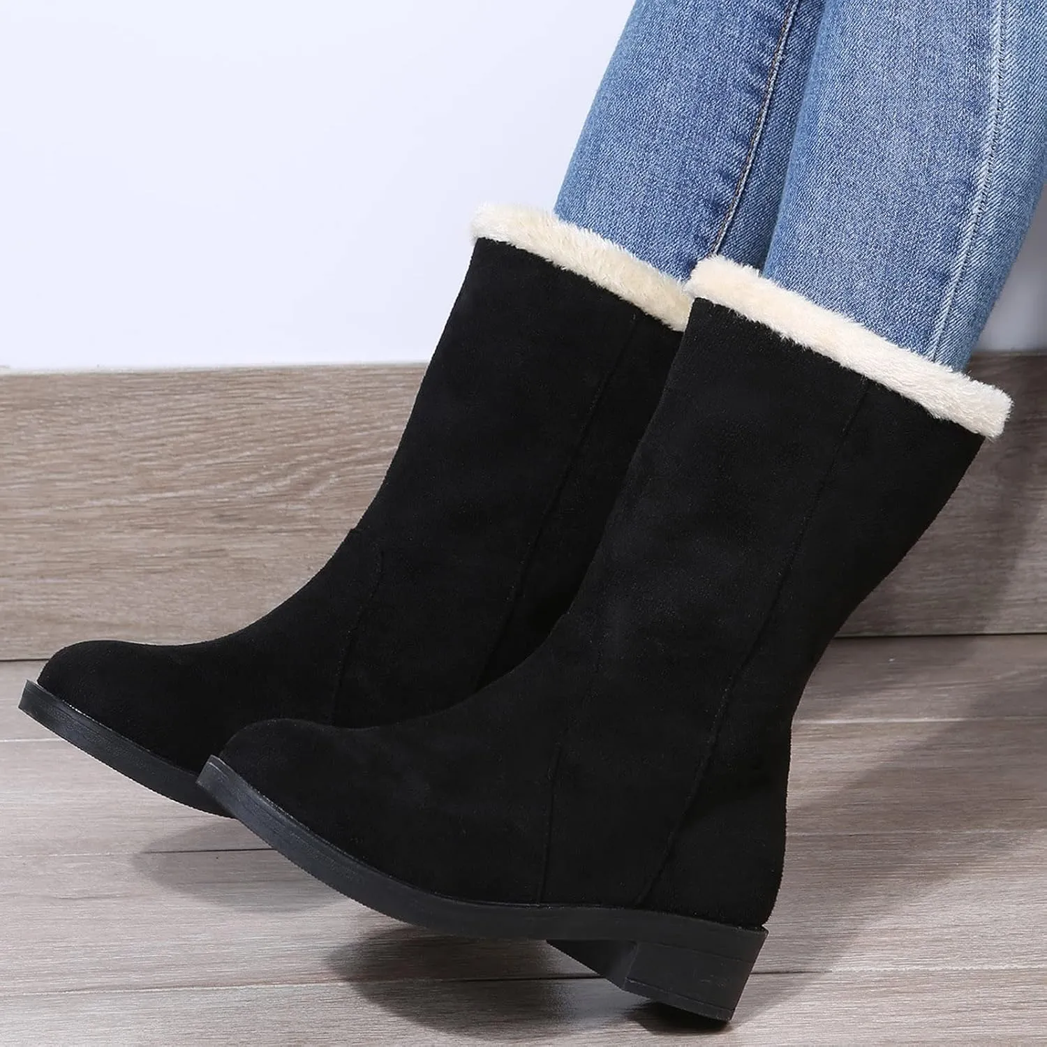 Short Winter Boots for Women Low Heel Size 9 Wide Calf Snow Boots for Woman Furry Winter Boots Boots for Winter Fashion for Women Slip on Botas De Invierno Para Mujer Con Peluche