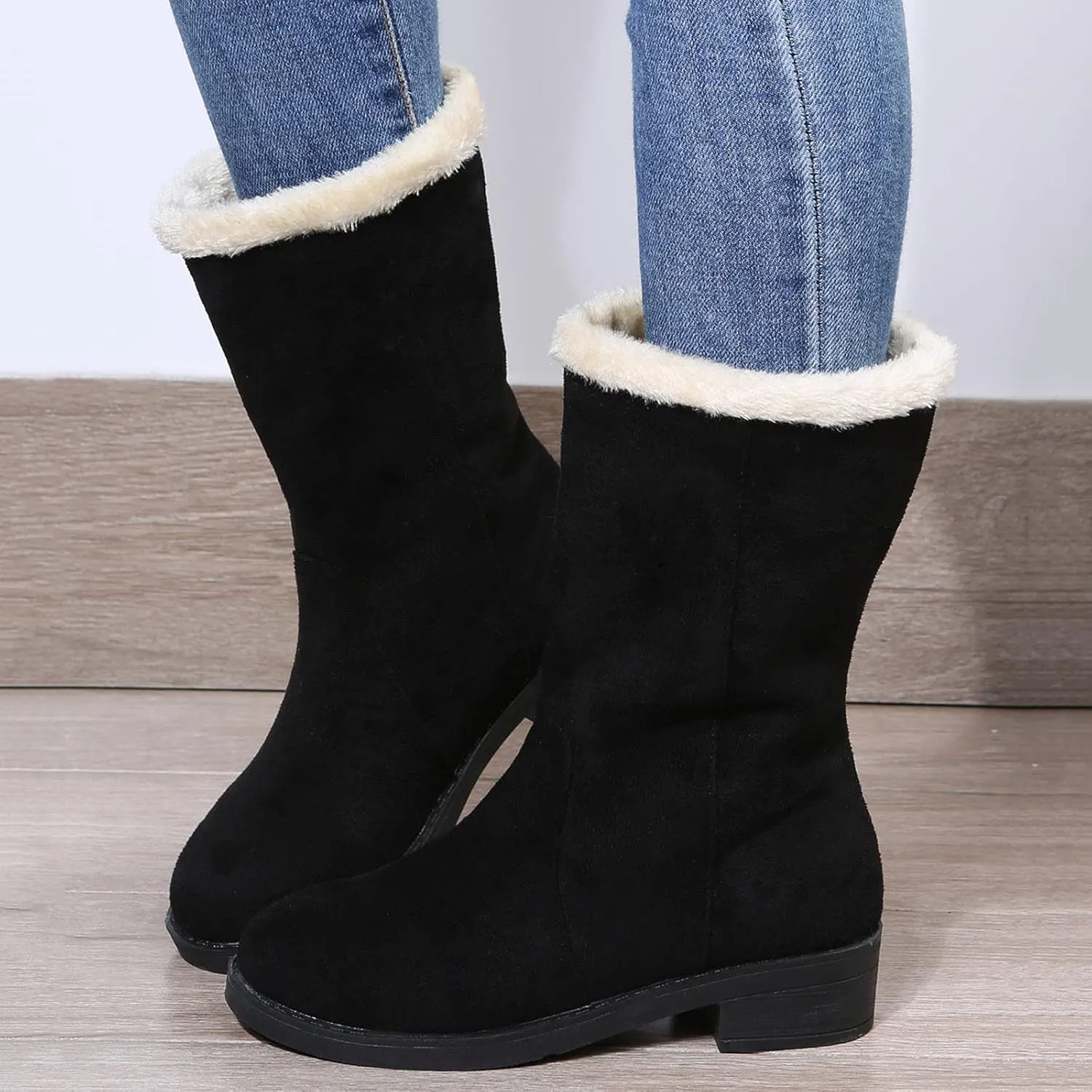 Short Winter Boots for Women Low Heel Size 9 Wide Calf Snow Boots for Woman Furry Winter Boots Boots for Winter Fashion for Women Slip on Botas De Invierno Para Mujer Con Peluche