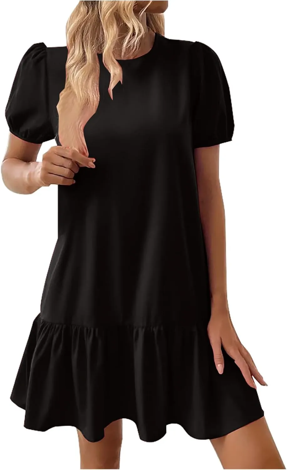 Sinzelimin Womens Elegant Midi Dresses Fashion Ruffled Hem Puff Sleeves Loose Comfy Mini Dress Summer Beach Casual Sundress