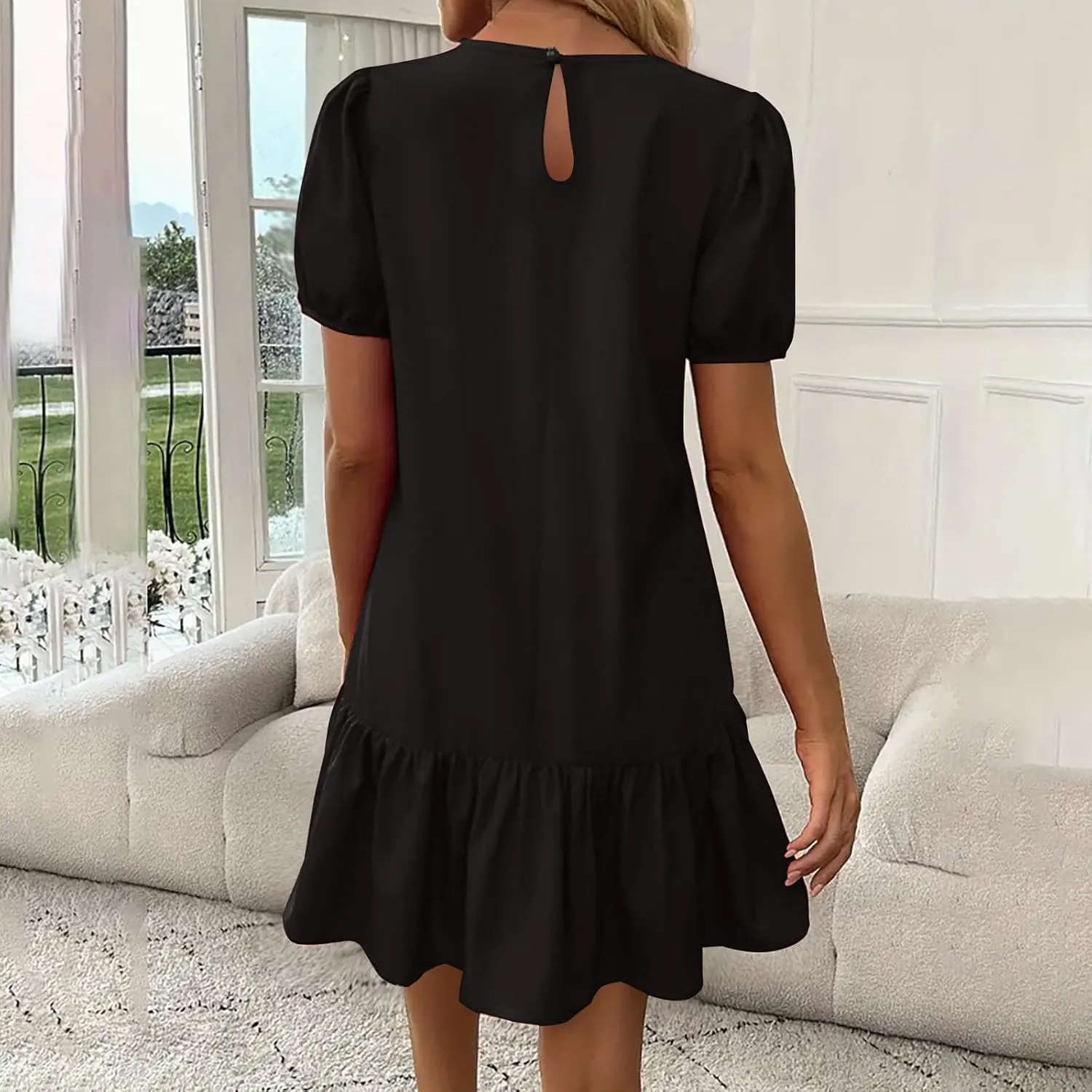 Sinzelimin Womens Elegant Midi Dresses Fashion Ruffled Hem Puff Sleeves Loose Comfy Mini Dress Summer Beach Casual Sundress