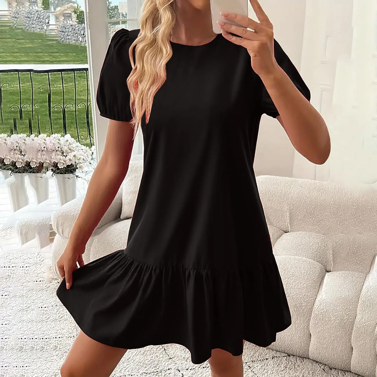 Sinzelimin Womens Elegant Midi Dresses Fashion Ruffled Hem Puff Sleeves Loose Comfy Mini Dress Summer Beach Casual Sundress