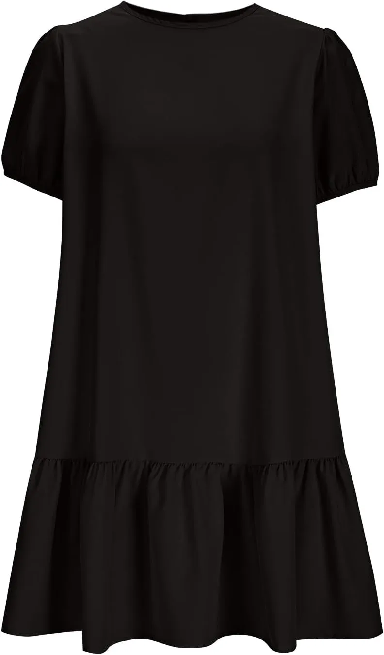 Sinzelimin Womens Elegant Midi Dresses Fashion Ruffled Hem Puff Sleeves Loose Comfy Mini Dress Summer Beach Casual Sundress