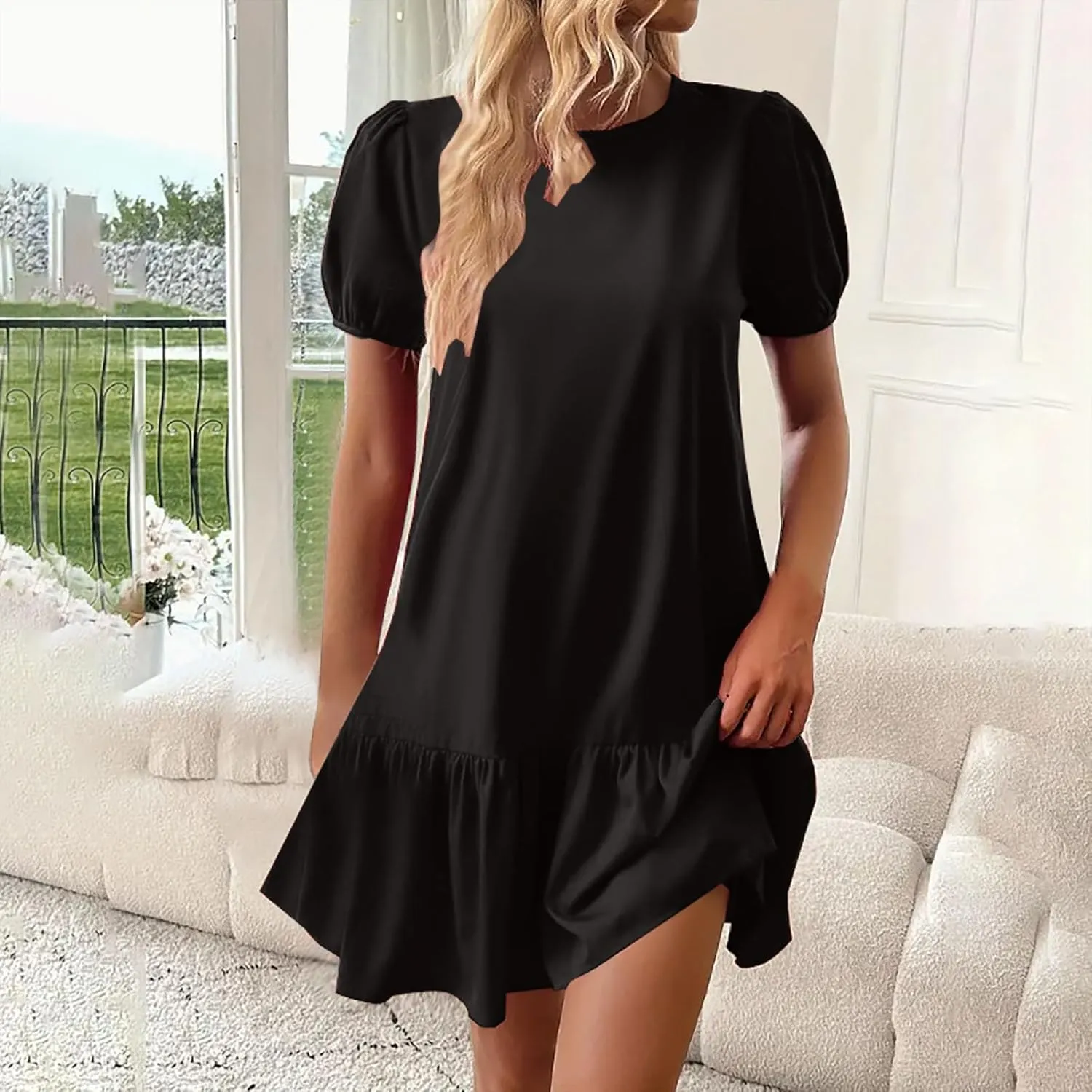 Sinzelimin Womens Elegant Midi Dresses Fashion Ruffled Hem Puff Sleeves Loose Comfy Mini Dress Summer Beach Casual Sundress
