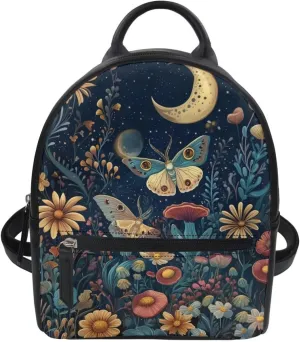 Small Backpack Purse for Women Vintage Mini Backpack for Teen Girls College School Bookbag with Zipper Travel Shoulder Bag Casual Daypack, Butterfly Moon Print