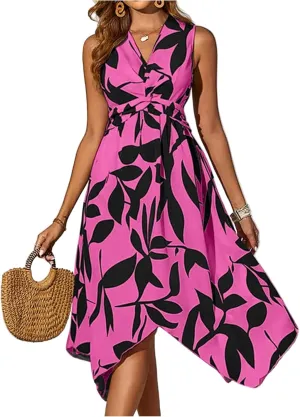 Spring Dresses for Women 2025 V Neck Halter Sleeveless Vintage Fashion Leaf Printed Twisted Asymmetrical Ladies Sundress