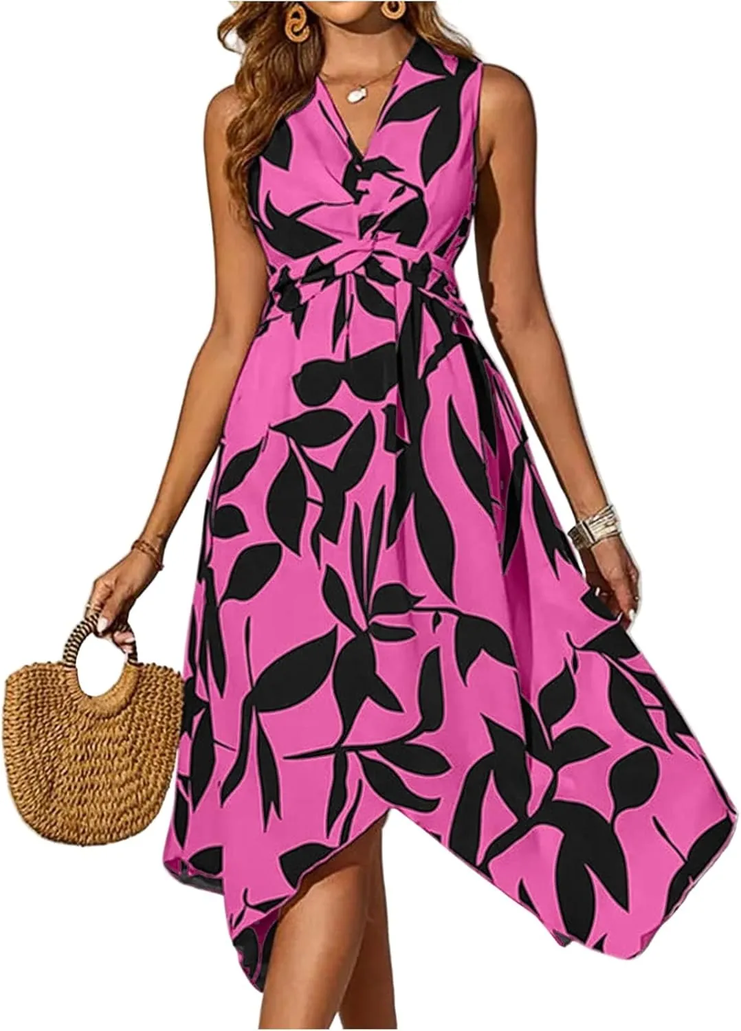 Spring Dresses for Women 2025 V Neck Halter Sleeveless Vintage Fashion Leaf Printed Twisted Asymmetrical Ladies Sundress