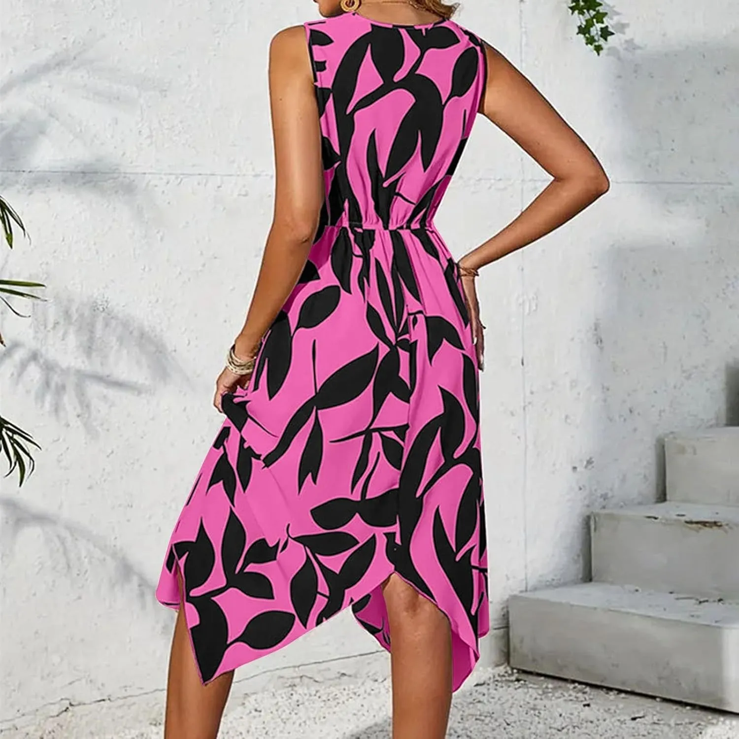 Spring Dresses for Women 2025 V Neck Halter Sleeveless Vintage Fashion Leaf Printed Twisted Asymmetrical Ladies Sundress