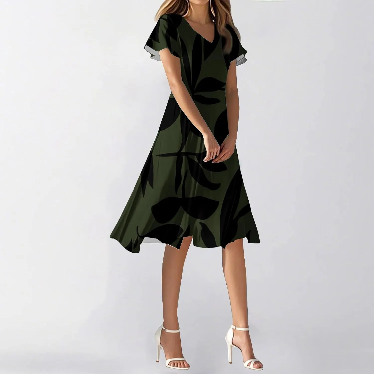 Spring Summer Dresses for Womencasualflowyelegant Wedding Dress Ruffle Short Sleeve Floral Dresses Midi Chiffon Dress