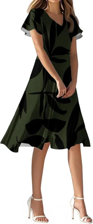 Spring Summer Dresses for Womencasualflowyelegant Wedding Dress Ruffle Short Sleeve Floral Dresses Midi Chiffon Dress
