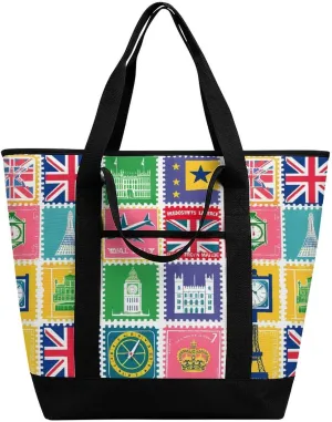 Stamps with The Union Jack Shopping Bags Insulated Lunch Bag Shoulder Grocery Bags for Work Travel Beach