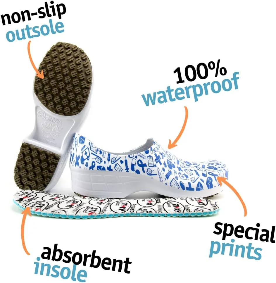 Sticky Printed Colorful Nursing Shoes - Professional Shoes for Women - Nurses Vets CNA LPN RN - Waterproof Non Slip - Comfortable Cleanable Clogs - White