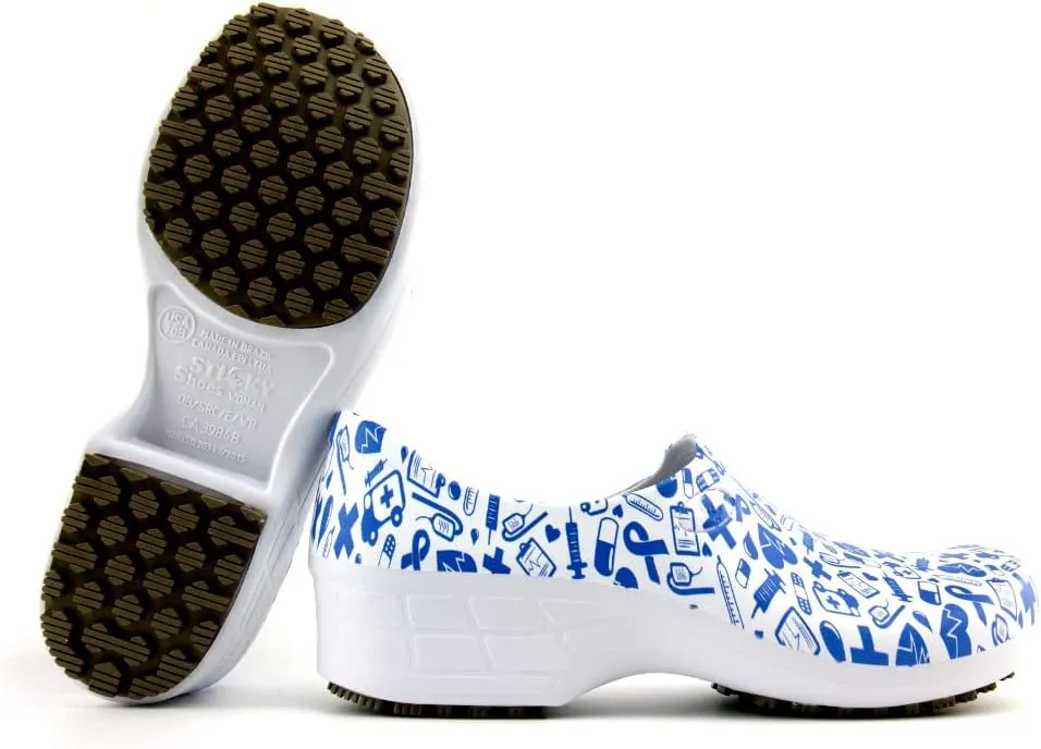Sticky Printed Colorful Nursing Shoes - Professional Shoes for Women - Nurses Vets CNA LPN RN - Waterproof Non Slip - Comfortable Cleanable Clogs - White