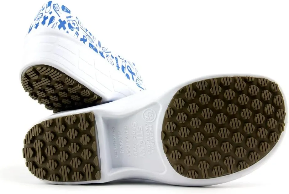 Sticky Printed Colorful Nursing Shoes - Professional Shoes for Women - Nurses Vets CNA LPN RN - Waterproof Non Slip - Comfortable Cleanable Clogs - White