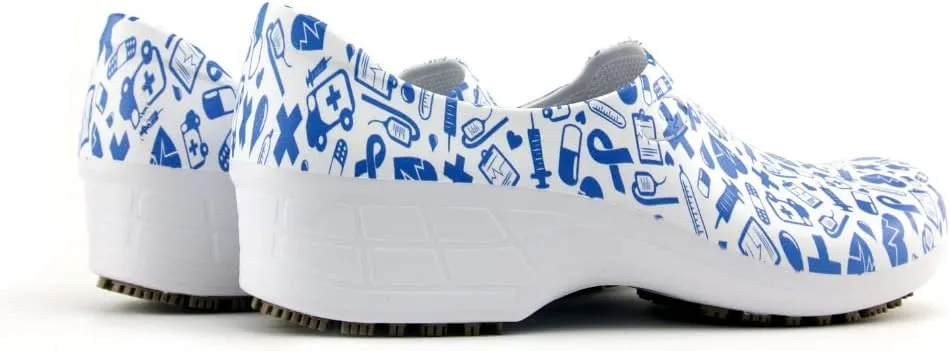Sticky Printed Colorful Nursing Shoes - Professional Shoes for Women - Nurses Vets CNA LPN RN - Waterproof Non Slip - Comfortable Cleanable Clogs - White