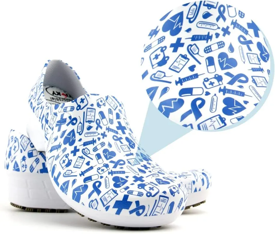 Sticky Printed Colorful Nursing Shoes - Professional Shoes for Women - Nurses Vets CNA LPN RN - Waterproof Non Slip - Comfortable Cleanable Clogs - White