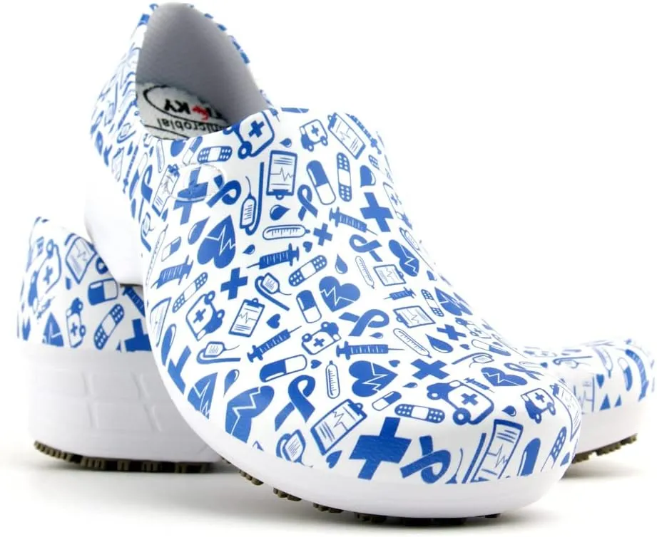 Sticky Printed Colorful Nursing Shoes - Professional Shoes for Women - Nurses Vets CNA LPN RN - Waterproof Non Slip - Comfortable Cleanable Clogs - White