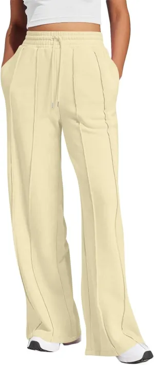 Straight Leg Sweatpants Women Baggy High Rise Elastic Waist Workout Pants with Pockets Stretchy Athletic Pants