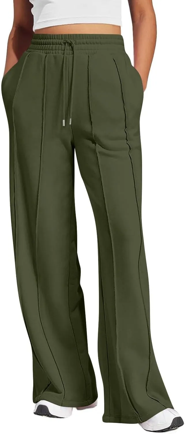 Straight Leg Sweatpants Women Baggy High Rise Elastic Waist Workout Pants with Pockets Stretchy Athletic Pants