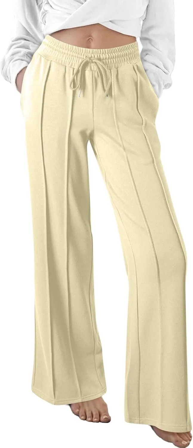 Straight Leg Sweatpants Women Baggy High Rise Elastic Waist Workout Pants with Pockets Stretchy Athletic Pants